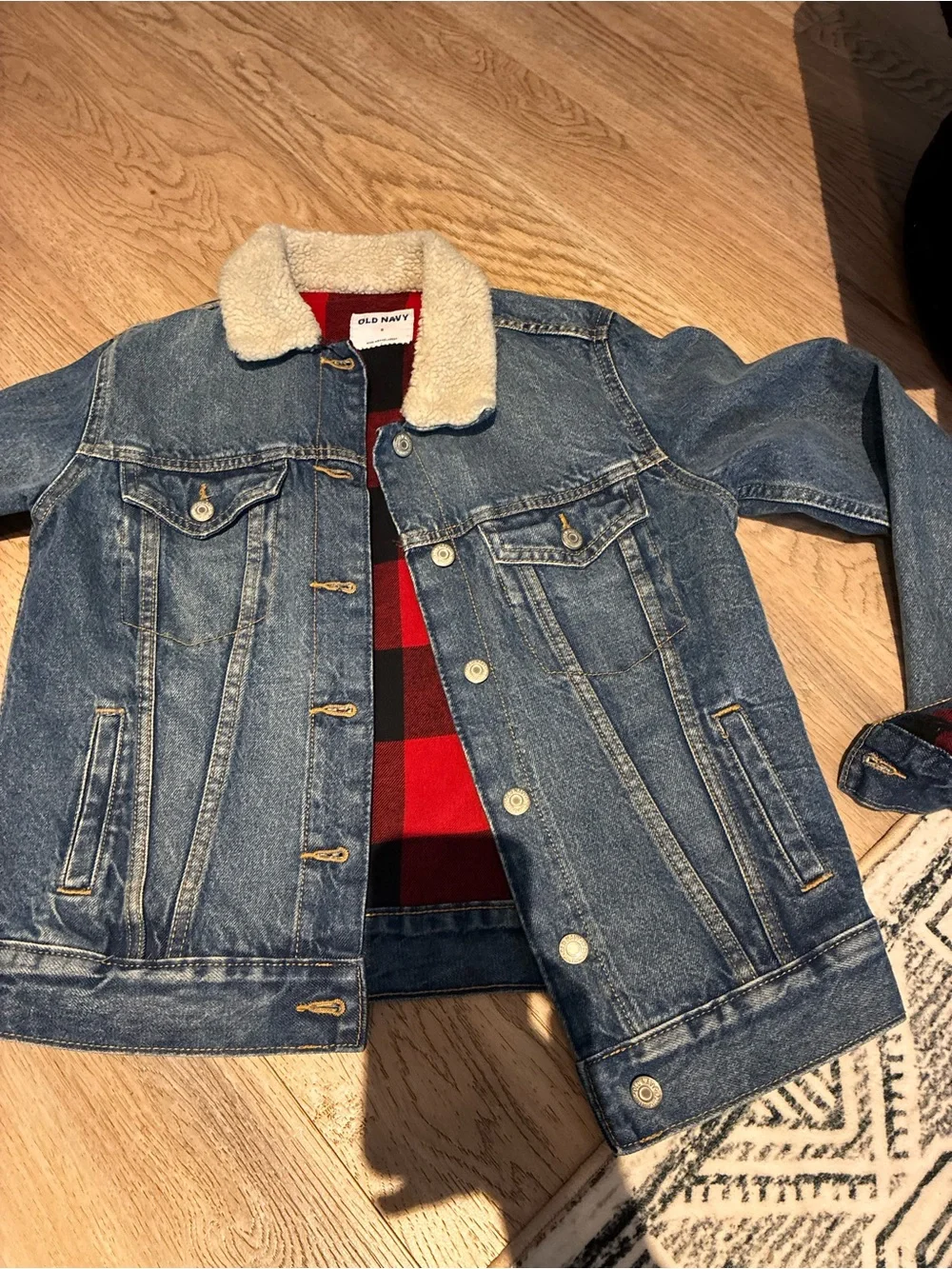 Old Navy Blue Denim Jacket with Cream Sherpa Collar and Red Plaid Lining